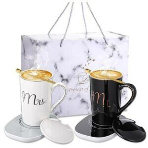 Acellegic Mr and Mrs Coffee Mug Warmer Set 14oz Ceramic Cup with Lid Electric